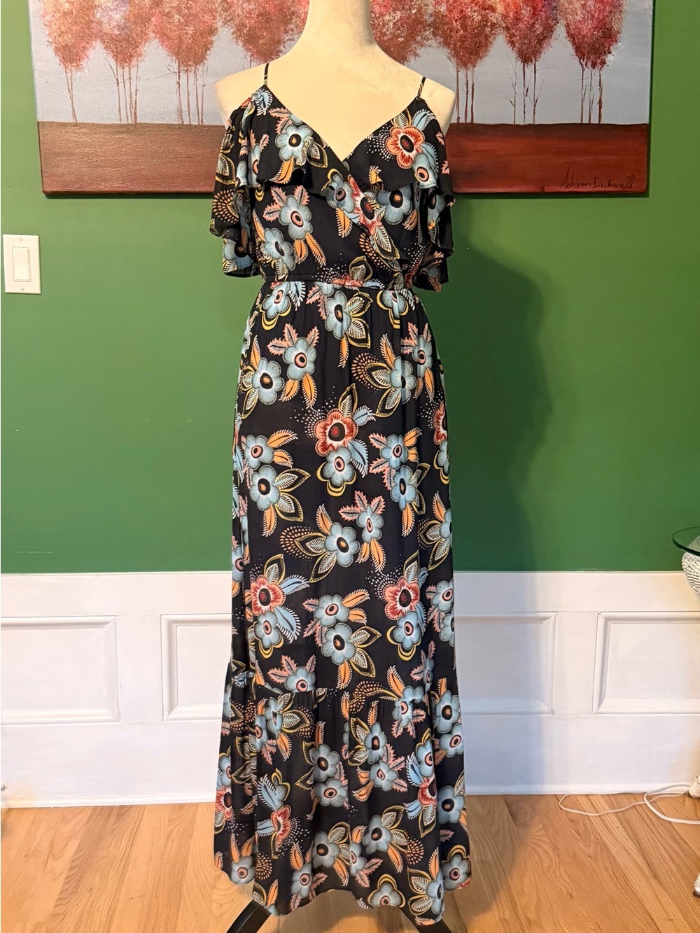 LOFT Blue Floral Cold-Shoulder Maxi Dress with Blue and Coral Accents